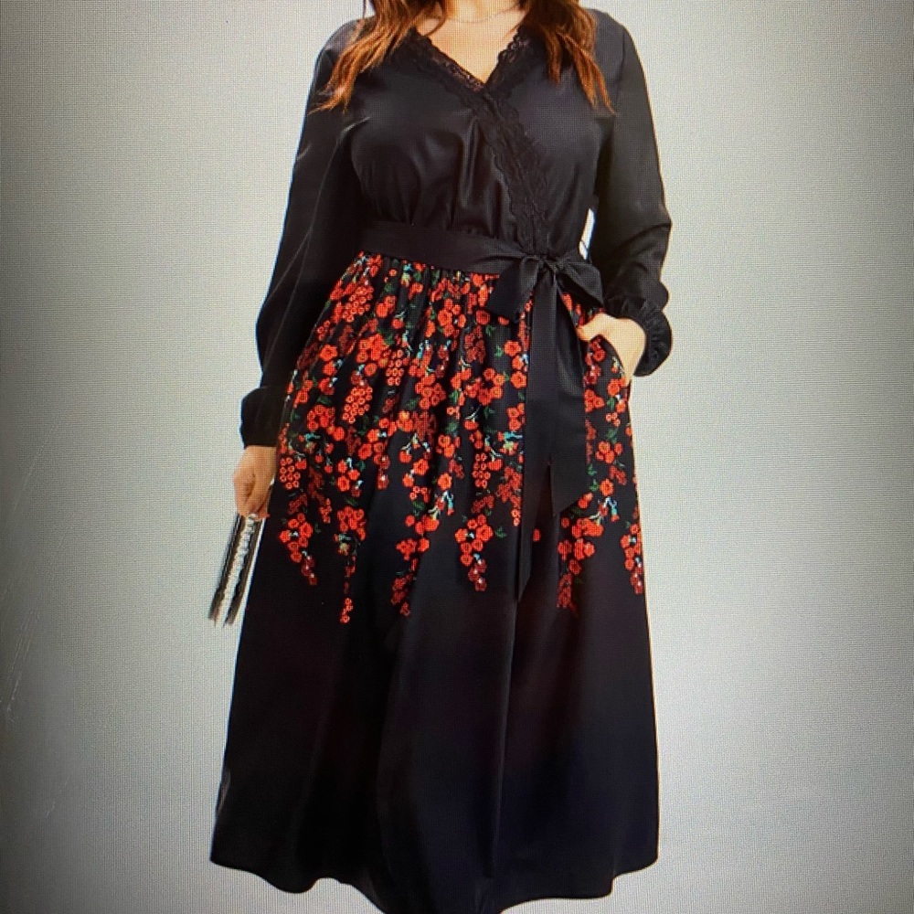 1X NWT Floral Lace Surplice Neck Pocket Lantern Sleeve Belted Maxi Dress